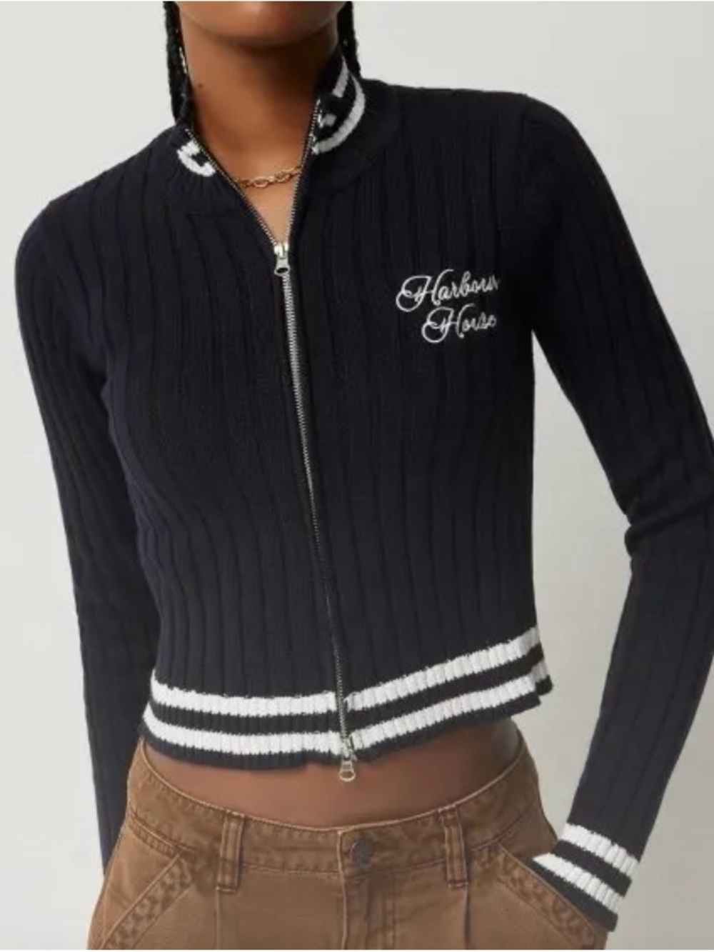 Black Ribbed Zip-Front Bomber Jacket with White Trim